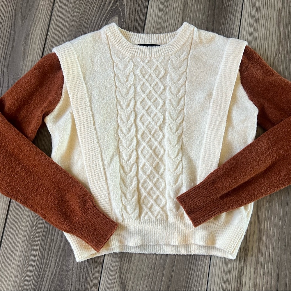 Women's Cream and Brown Cable Knit Sweater